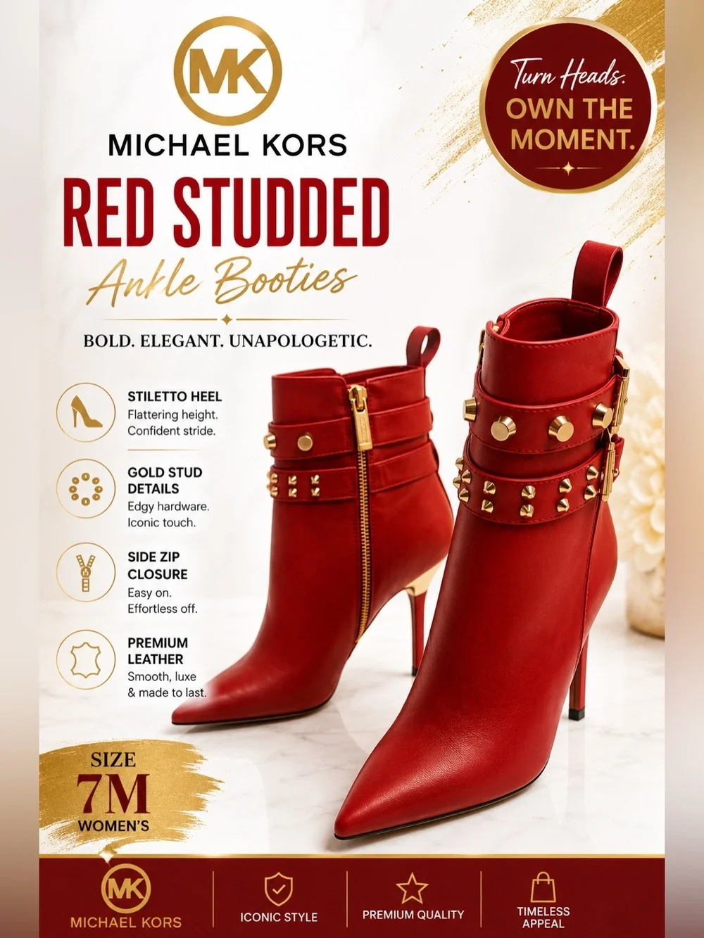 Michael Kors Amal Studded Leather Ankle Boots Crimson Red Gold Studs Stiletto 7M
